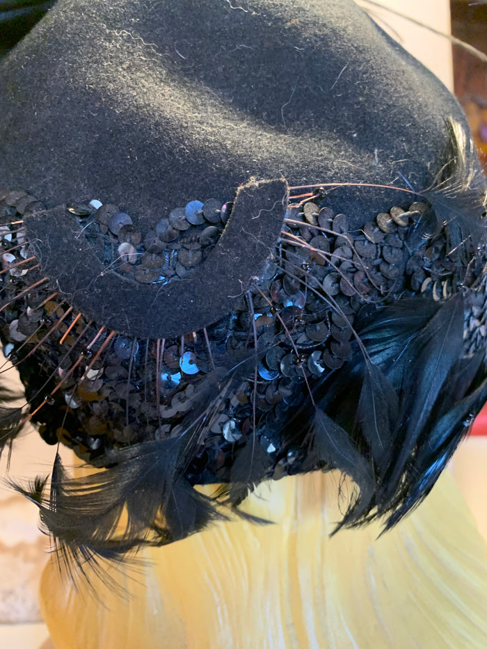 Feather and Sequins Turban Inspired Black Wool Hat circa 1940s