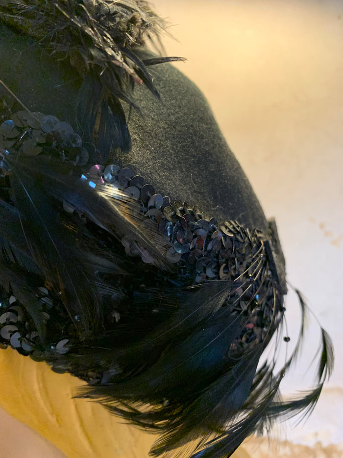 Feather and Sequins Turban Inspired Black Wool Hat circa 1940s