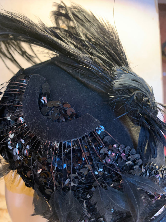 Feather and Sequins Turban Inspired Black Wool Hat circa 1940s