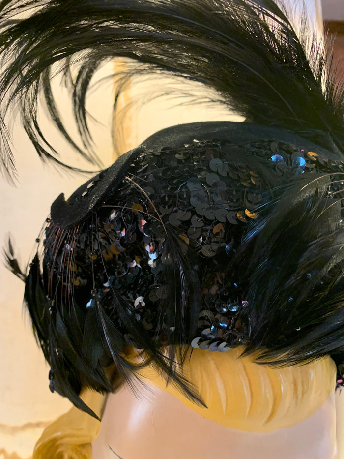 Feather and Sequins Turban Inspired Black Wool Hat circa 1940s