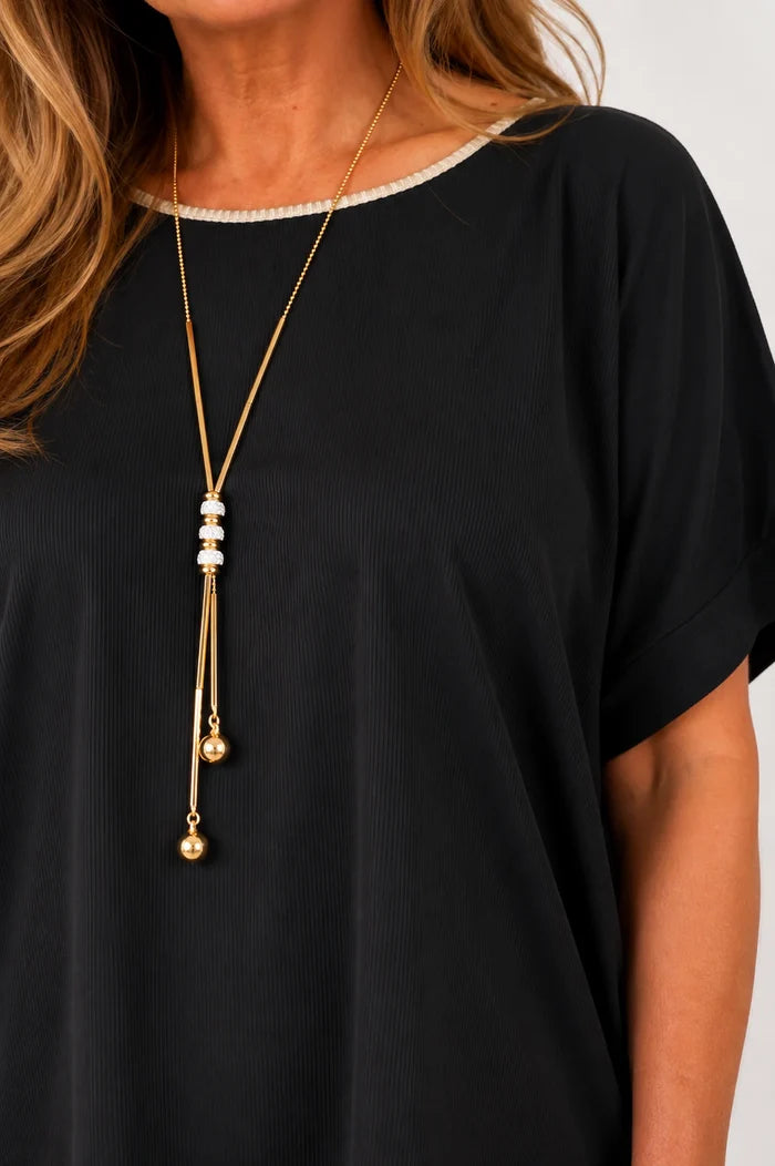 Fine Ribbed Gold Trim Sophia Necklace Top - Black