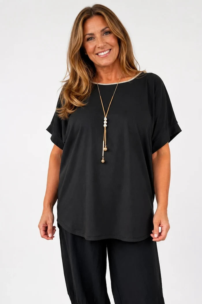 Fine Ribbed Gold Trim Sophia Necklace Top - Black