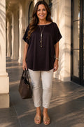 Fine Ribbed Gold Trim Sophia Necklace Top - Chocolate