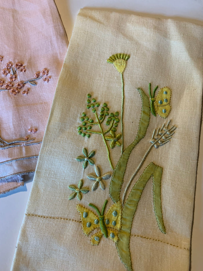 French Knot Flower and Tree Designed Handkerchiefs Lot 2 circa 1940s