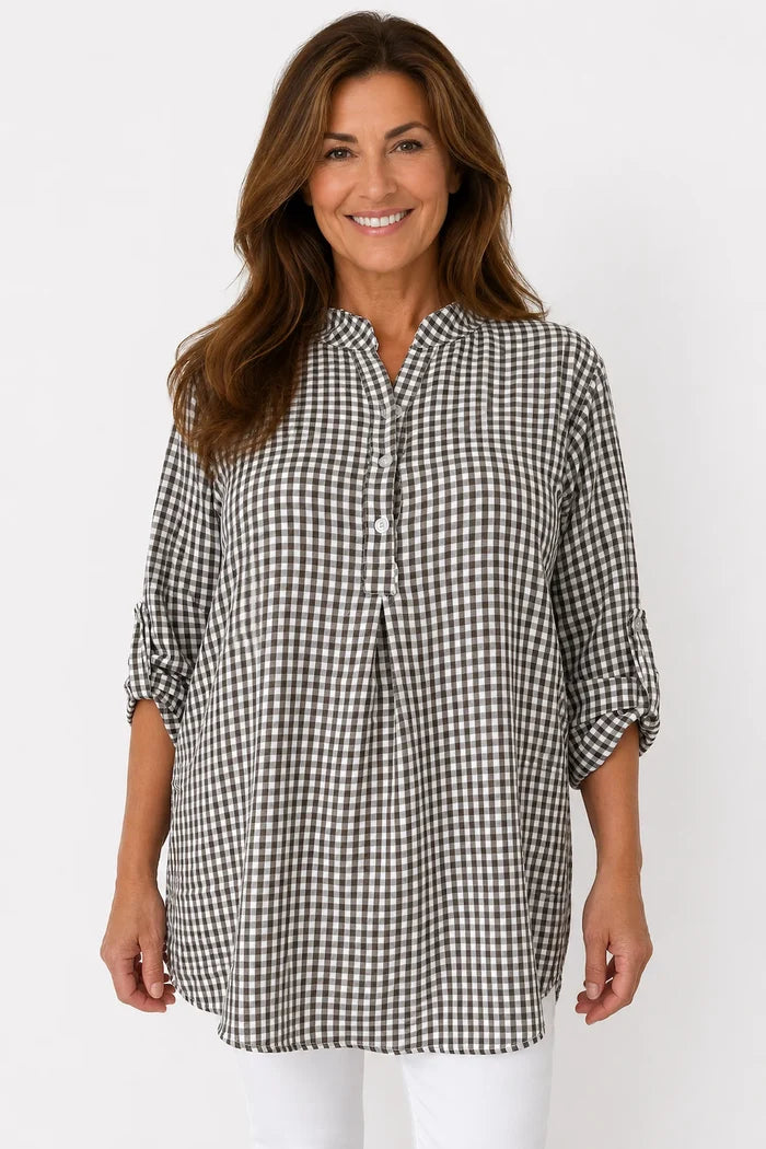 Gingham Button Sleeve Cruze Button Shirt - Mocha