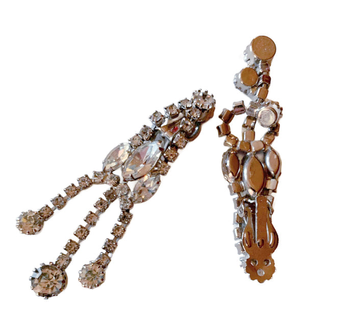 Glamorous Clear Rhinestone Dangle Clip Earrings circa 1960s