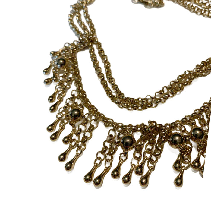 Gold Tone Metal Multi Chain Bib Necklace with Fringe circa 1970s