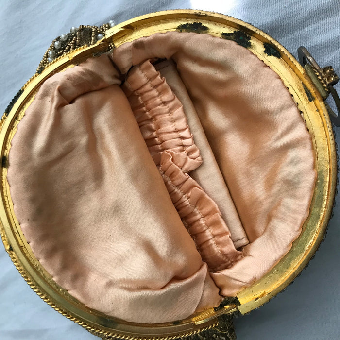 Golden Metallic Thread Embroidered and Beaded Evening Tango Bag circa 1920s