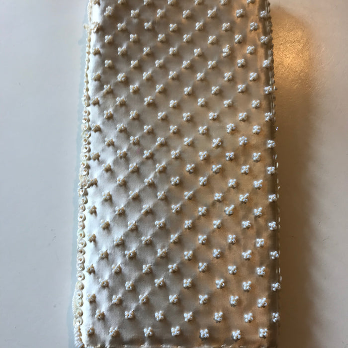 Sparkling Off-White Satin Beaded Envelope Style Clutch Handbag circa 1960s