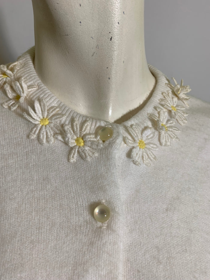 Daisy Chain Applique Trimmed White Orlon Cardigan Sweater circa 1950s