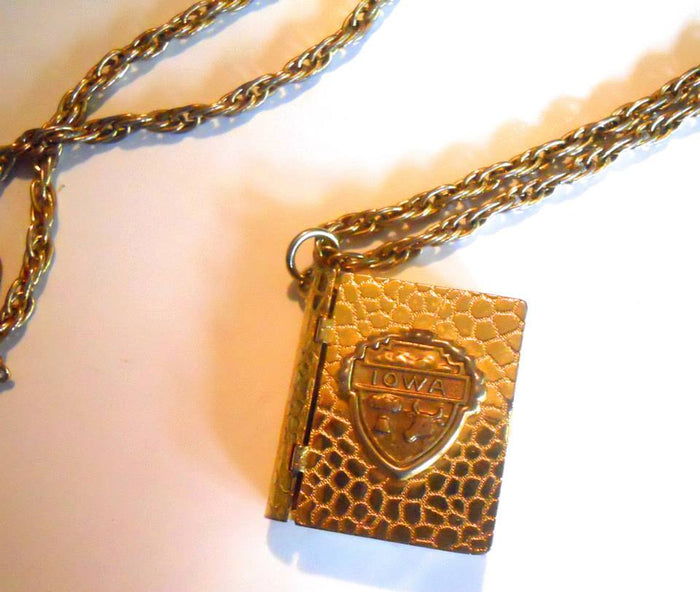 Iowa State Souvenir Necklace Fort Dodge Photo Book Locket circa 1960s