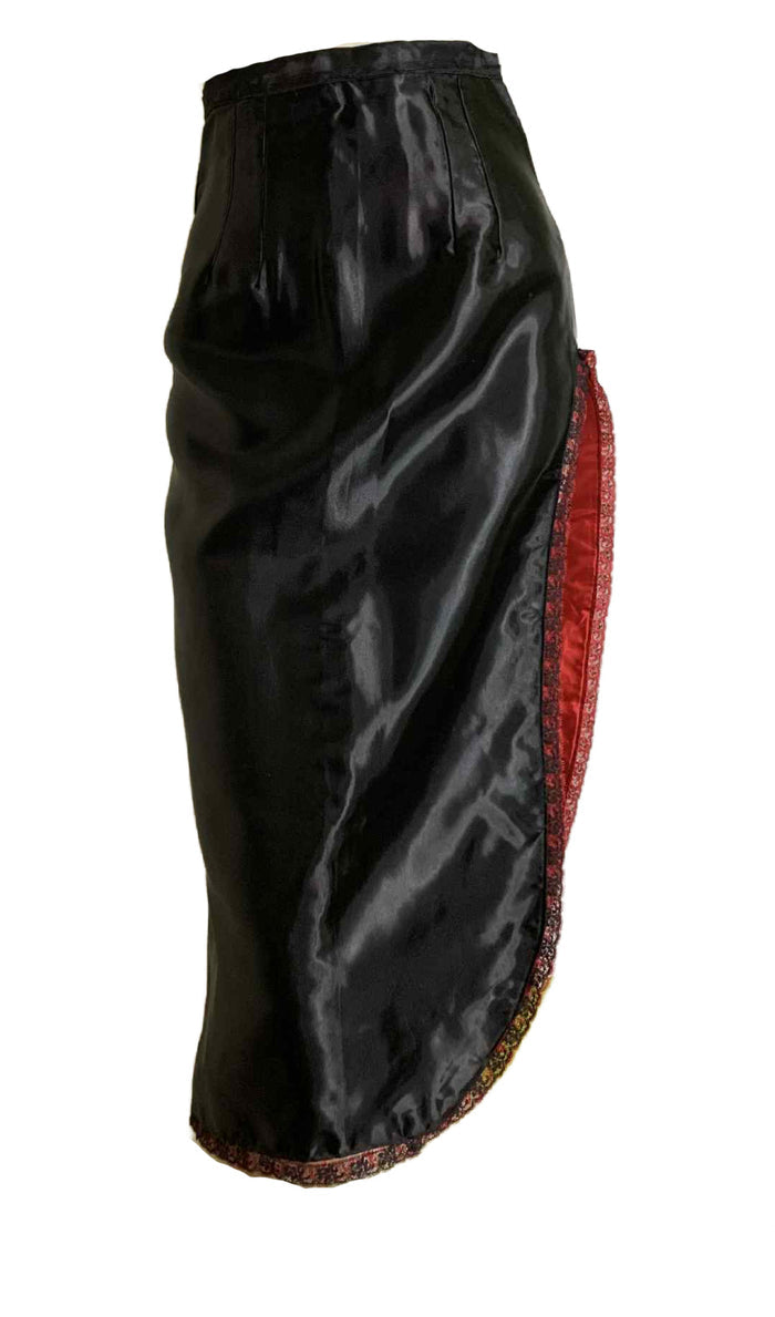 Irma La Douce Inspired Black & Red Satin Skirt with HIGH Side Slit Stage Wear circa 1950s