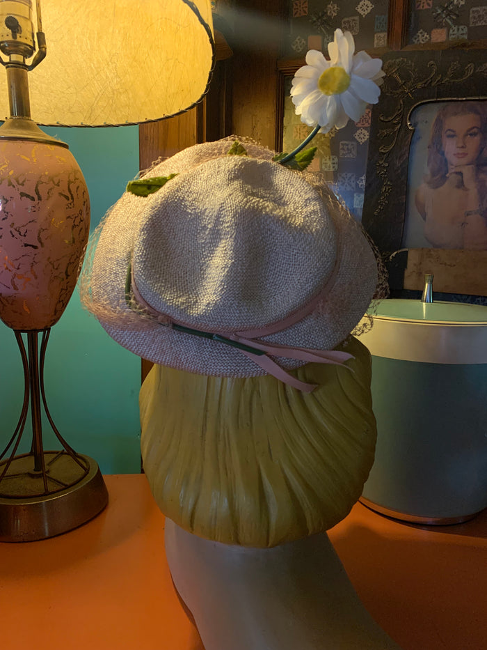 Jaunty Daisy Topped Sisal Hat with Netting circa 1940s