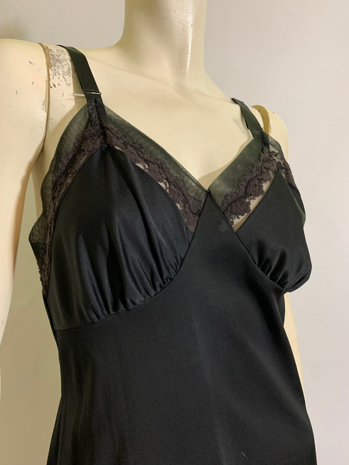 Jet Black Nylon Full Slip with Chiffon Trim circa 1960s 36