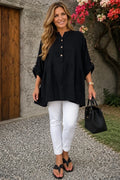 Linen Cotton Blend Button Sleeve Monica Button Shirt - Black