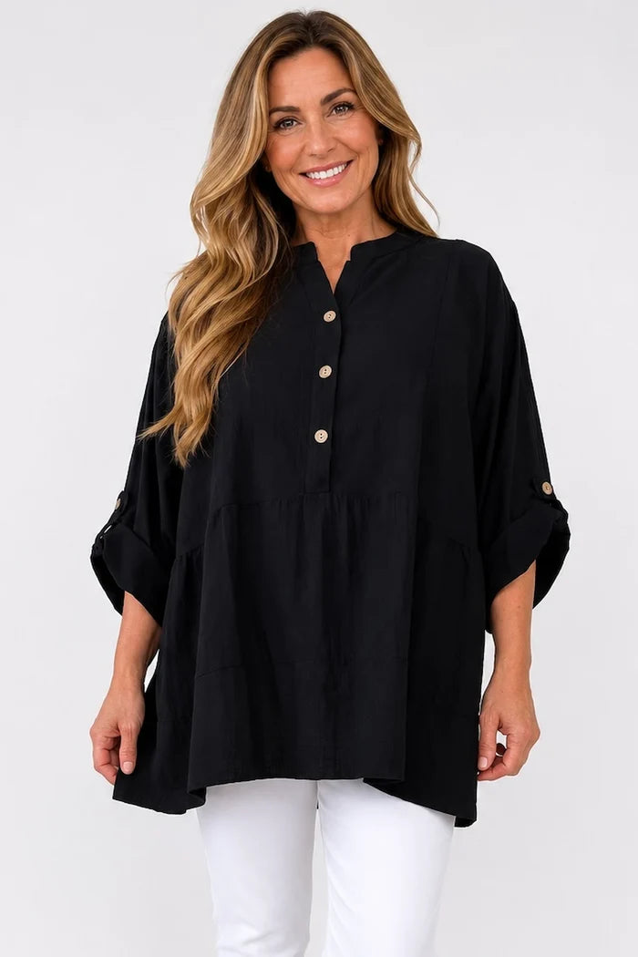 Linen Cotton Blend Button Sleeve Monica Button Shirt - Black