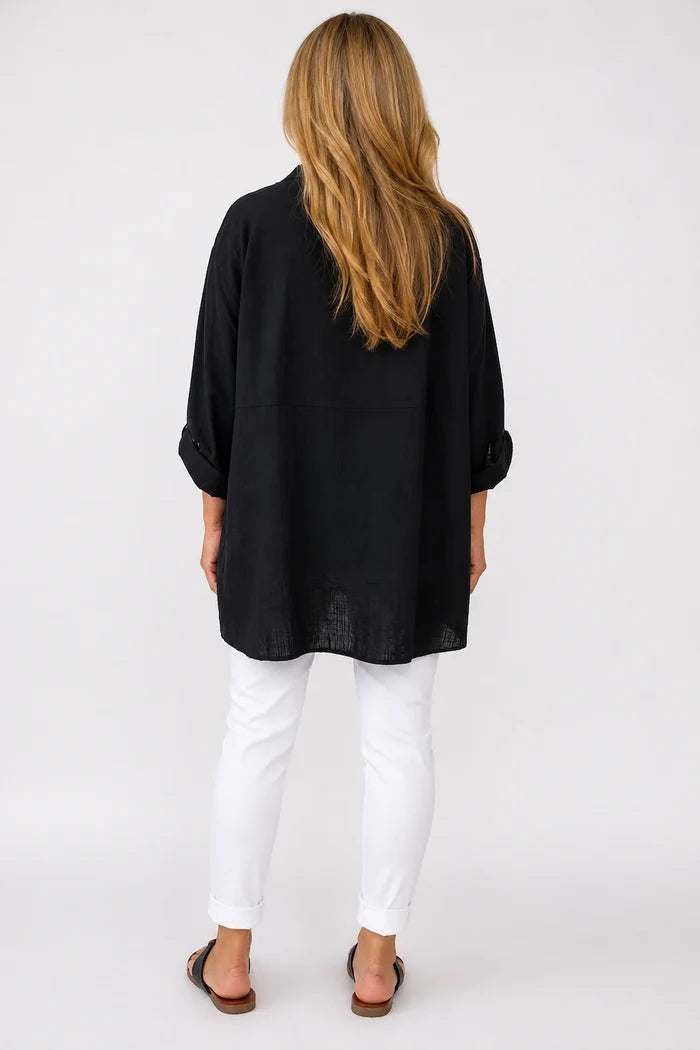 Linen Cotton Blend Button Sleeve Monica Button Shirt - Black