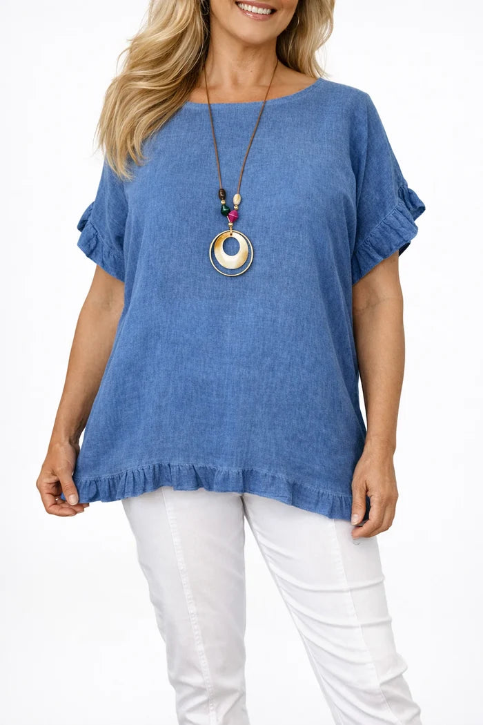 Linen Cotton Mix Frill Sleeve And Hem Iris Necklace Top - Washed Denim