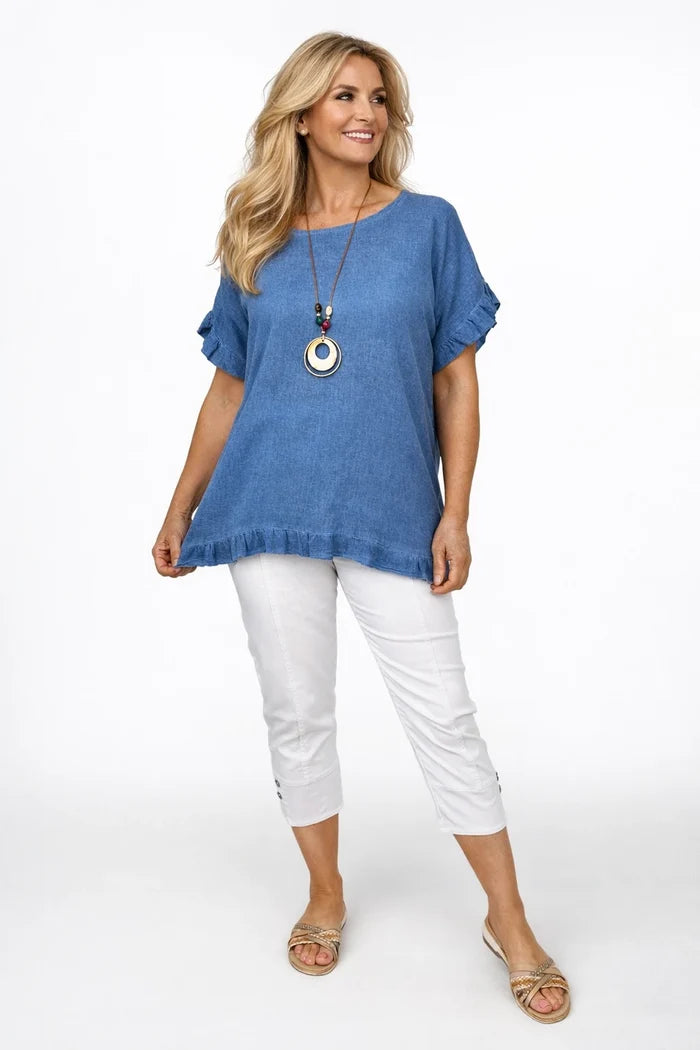 Linen Cotton Mix Frill Sleeve And Hem Iris Necklace Top - Washed Denim