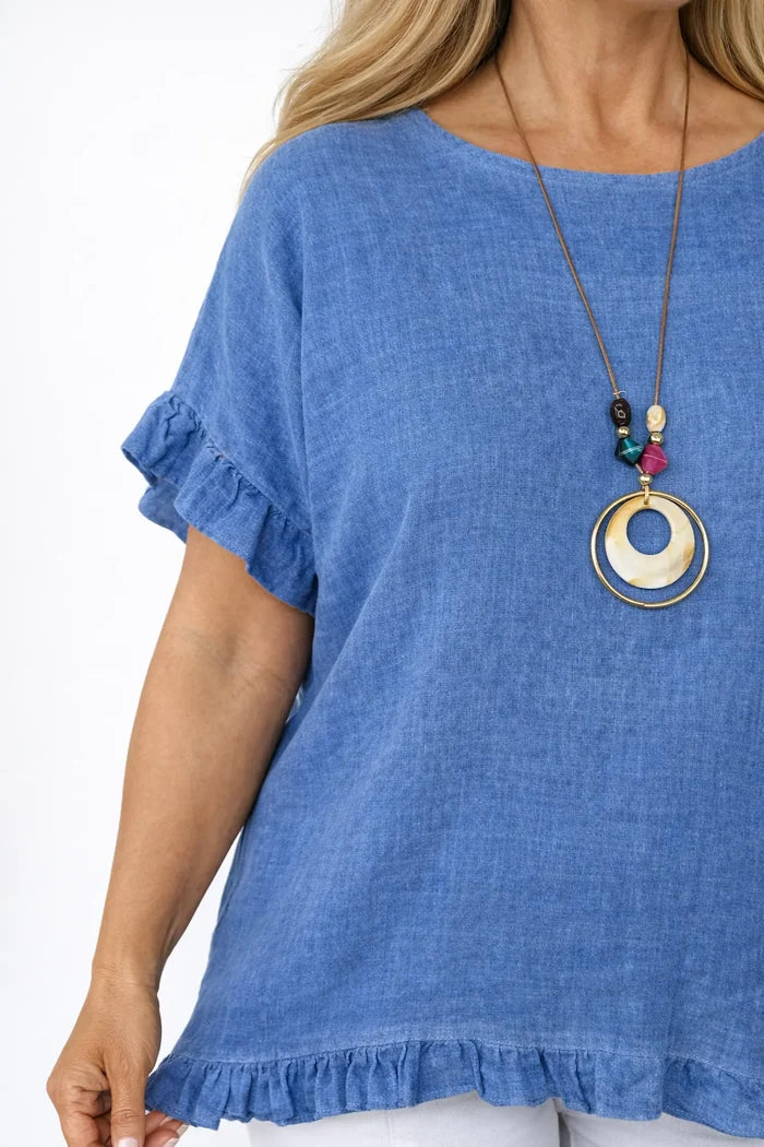 Linen Cotton Mix Frill Sleeve And Hem Iris Necklace Top - Washed Denim