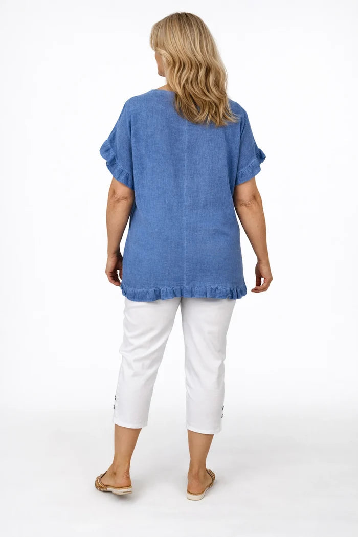 Linen Cotton Mix Frill Sleeve And Hem Iris Necklace Top - Washed Denim