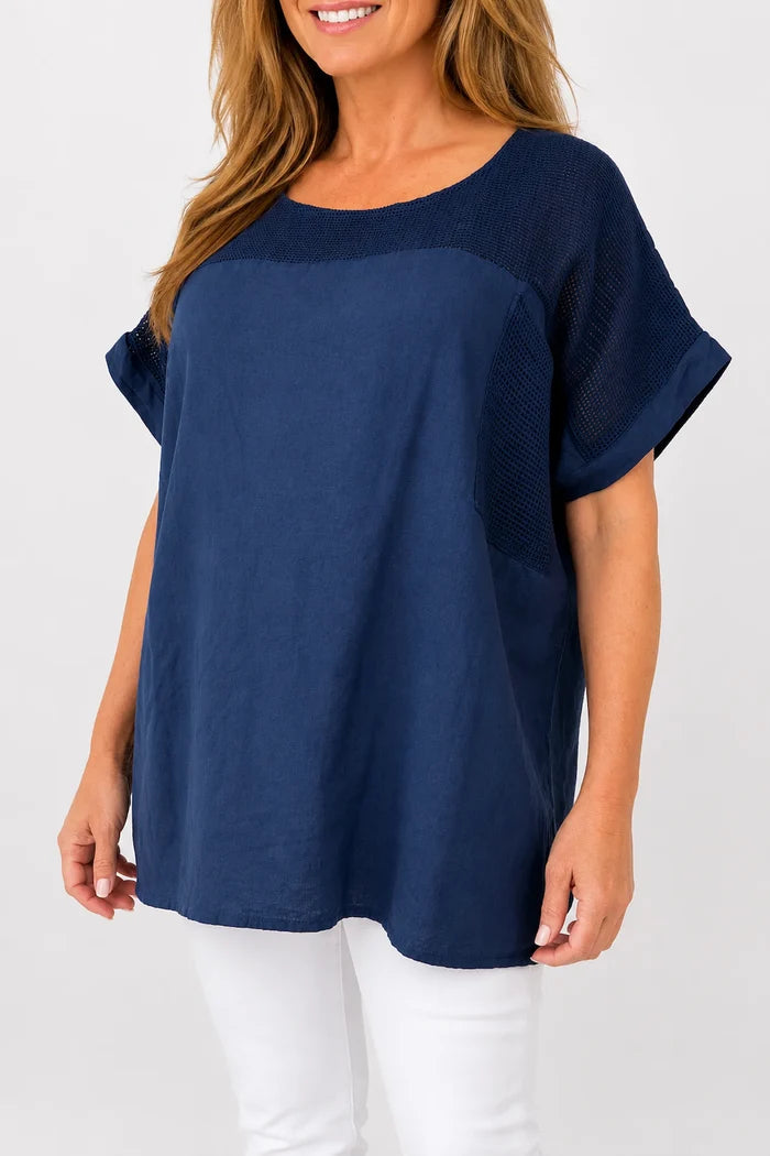 Linen Cotton Mix Mesh Detail Amalfi Pocket Top - Navy