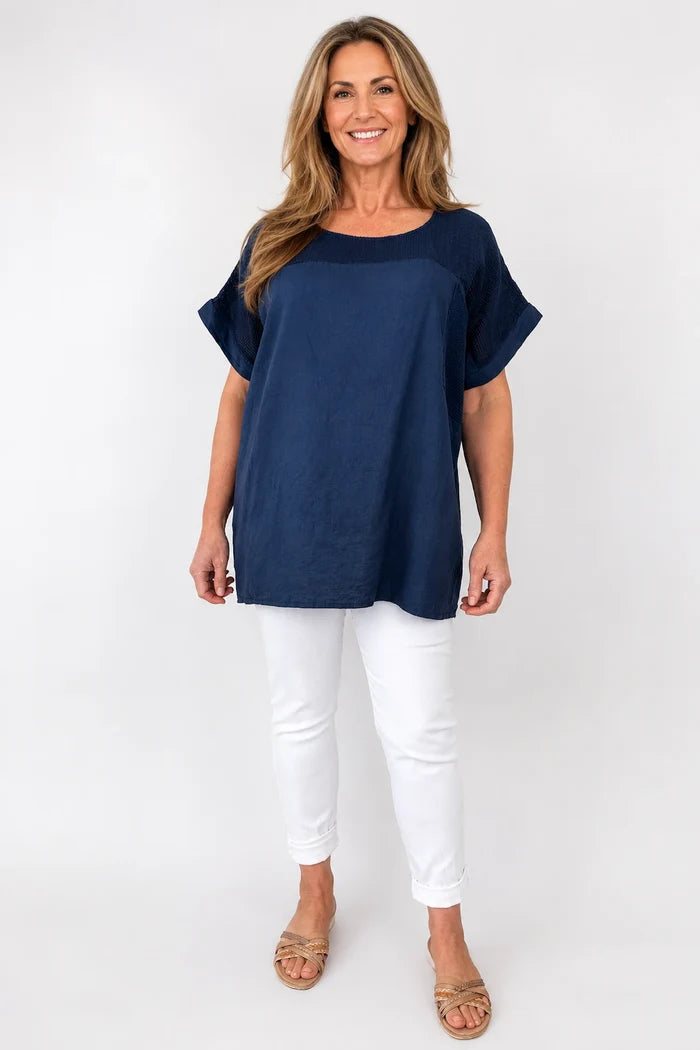Linen Cotton Mix Mesh Detail Amalfi Pocket Top - Navy