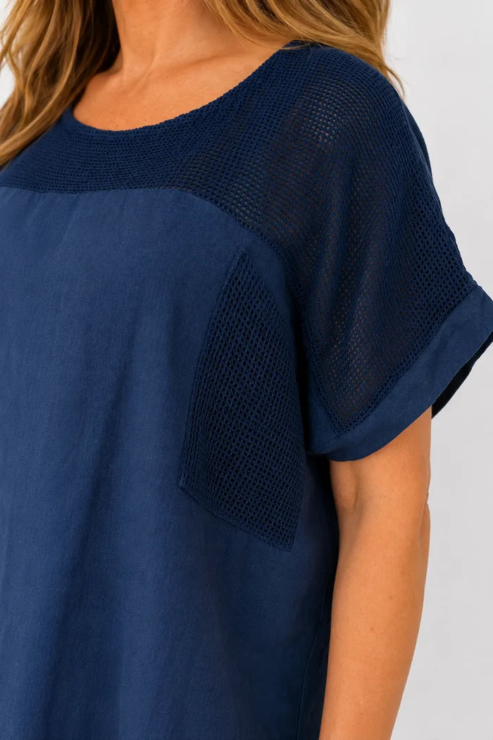 Linen Cotton Mix Mesh Detail Amalfi Pocket Top - Navy