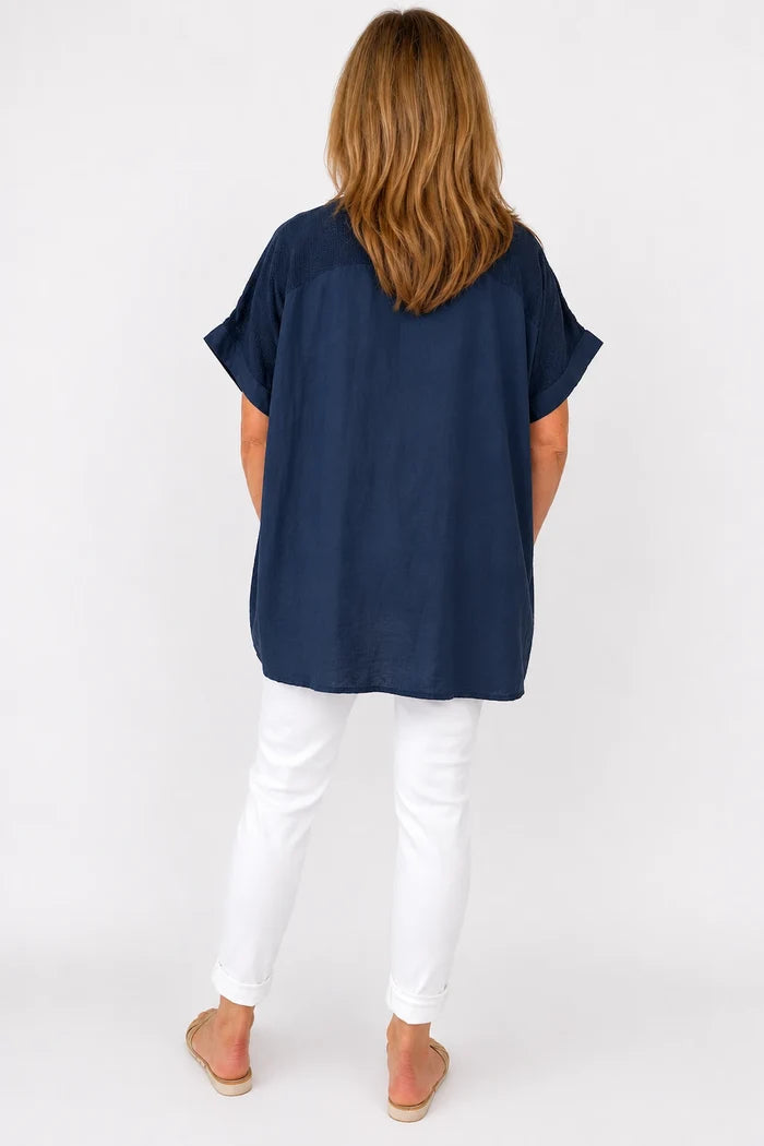 Linen Cotton Mix Mesh Detail Amalfi Pocket Top - Navy