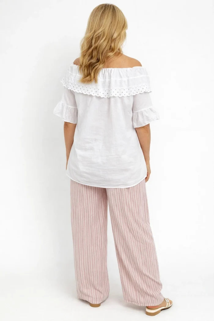 Linen Look Double Pocket Elasticated Waist Stripe Bella Wide Leg Pants - Sun-Washed Pink
