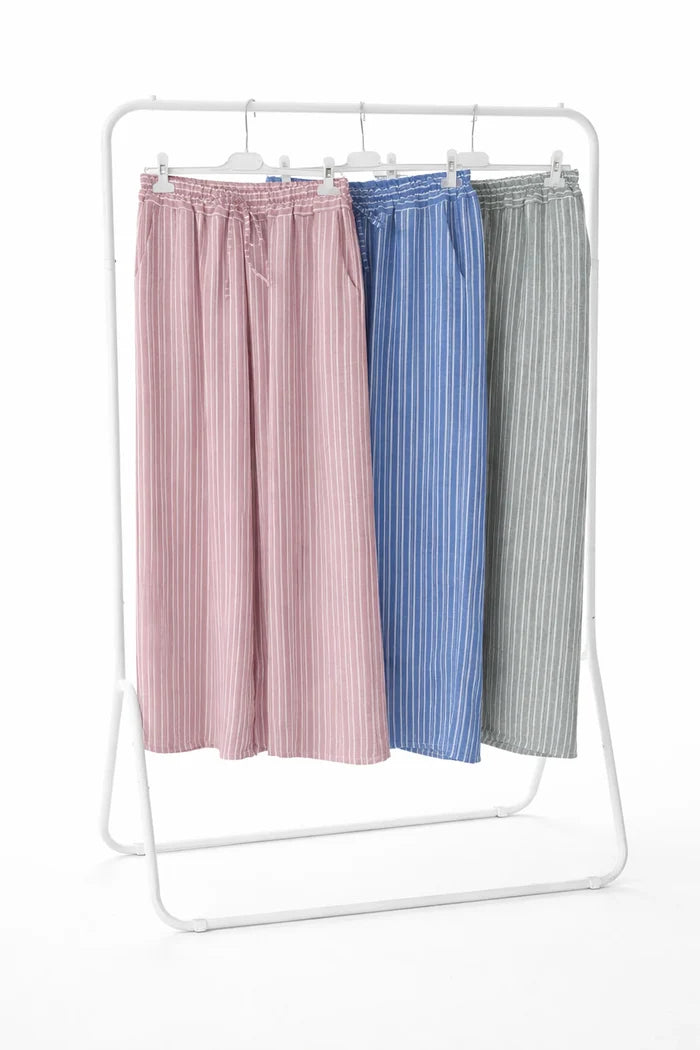 Linen Look Double Pocket Elasticated Waist Stripe Bella Wide Leg Pants - Sun-Washed Pink