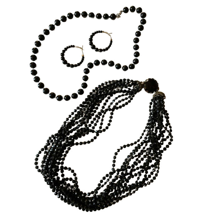 Lot 2 Black Beaded Necklaces and Beaded Hoop Earrings circa 1960s