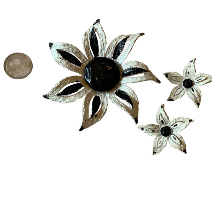 MOD Black and White Etched Metal Flower and Earrings Demi Set circa 1960s