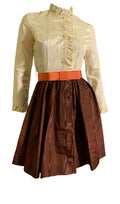 Moire Taffeta Brown and Ivory Mini Dress with Orange Bow Belt circa 1970s