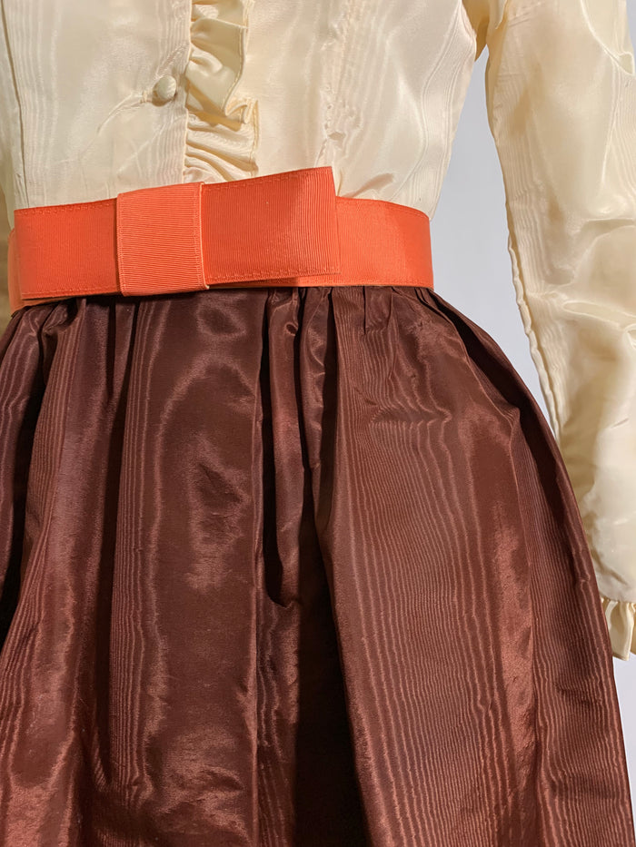 Moire Taffeta Brown and Ivory Mini Dress with Orange Bow Belt circa 1970s