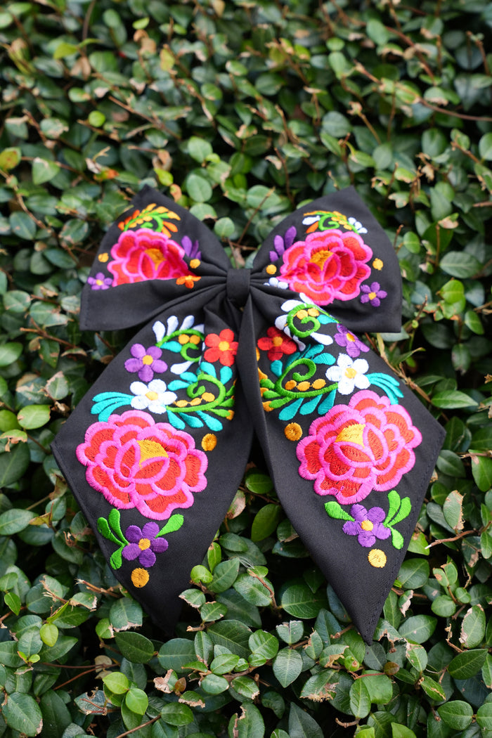 Moño Bordado Mexicano Flores Grandes