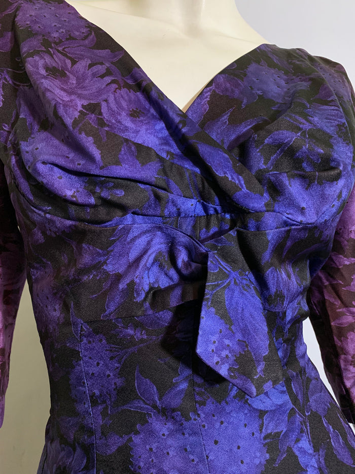 Ombré Faded Purple Floral Print Cocktail Dress circa 1960s
