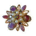 Opalescent Pink Cabochon and Rhinestone Flower Brooch circa 1960s