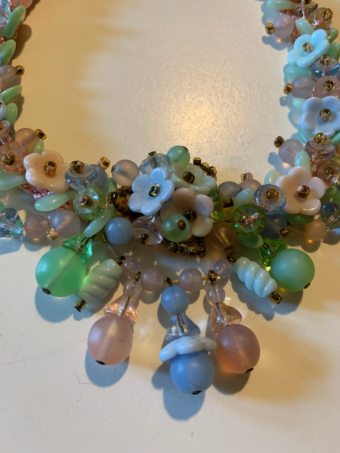 Pastel Czech Glass Flower and Bead Choker Necklace circa 1930s