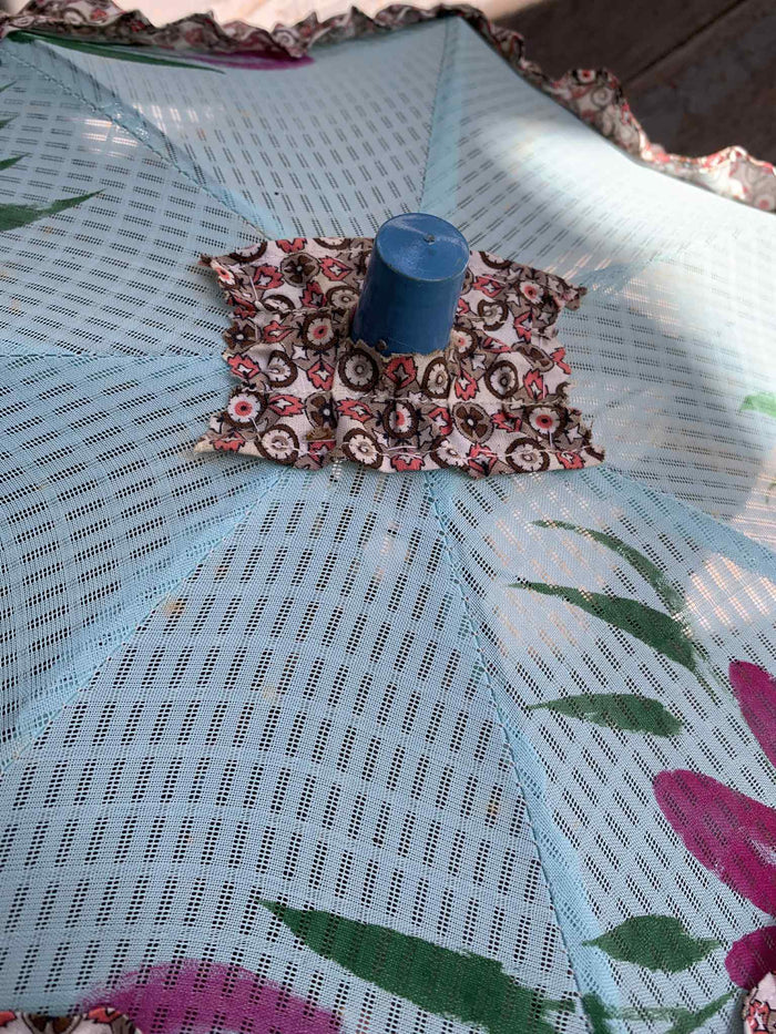 Pastel Painted Baby Blue Mini Parasol with Floral Design and Ruffles circa 1950s