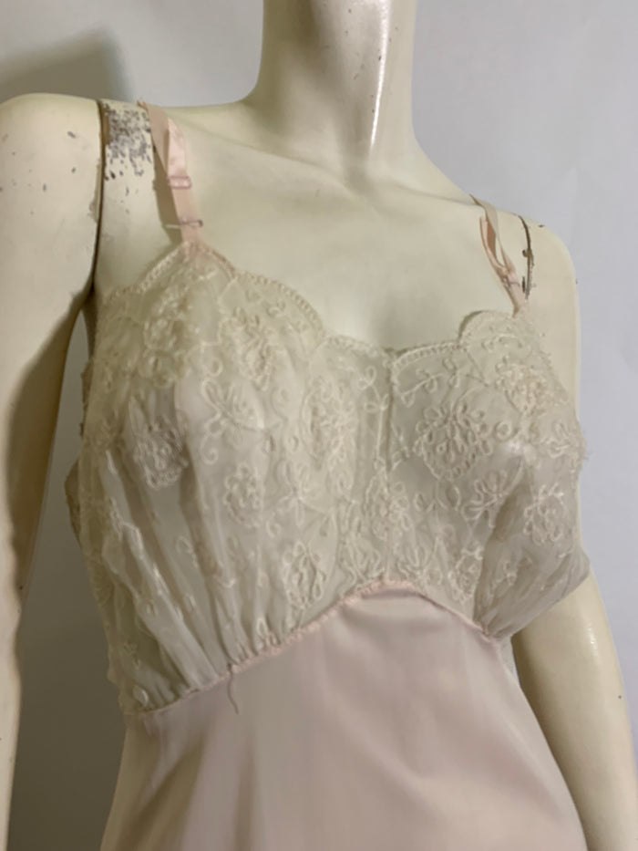Pink Nylon Full Slip with Embroidered Sheer Ruffles circa 1950s 32
