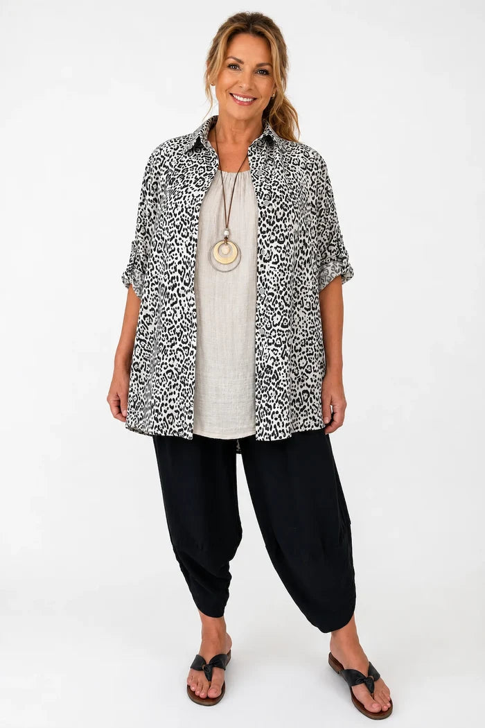 Premium Stitch Button Sleeve Leopard Print Valencia Button Shirt - Beige