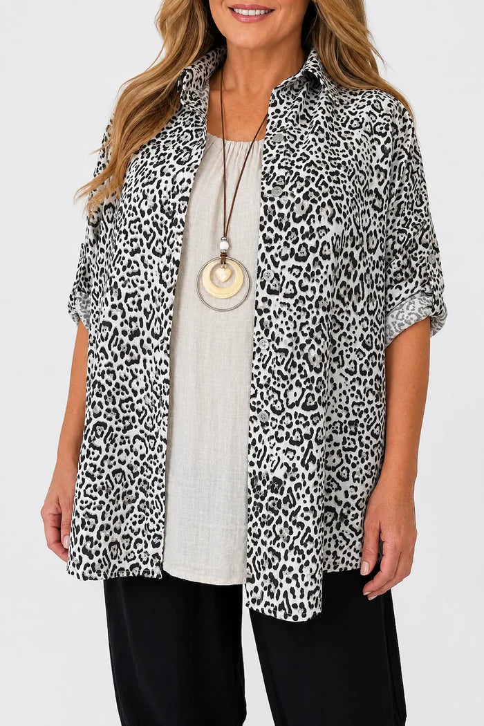 Premium Stitch Button Sleeve Leopard Print Valencia Button Shirt - Beige