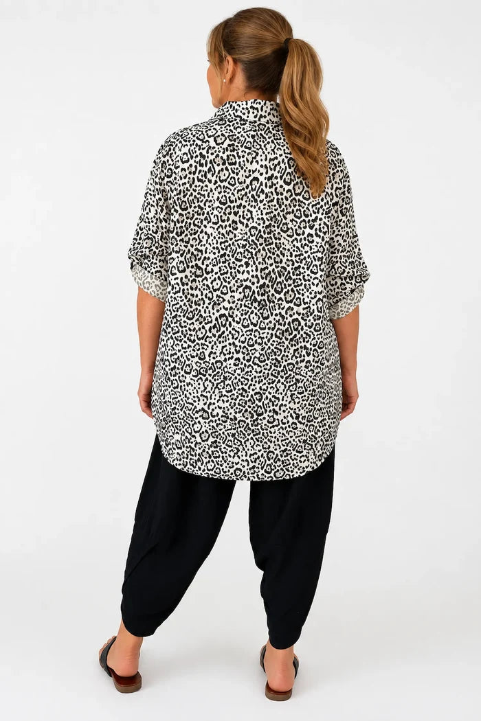Premium Stitch Button Sleeve Leopard Print Valencia Button Shirt - Beige