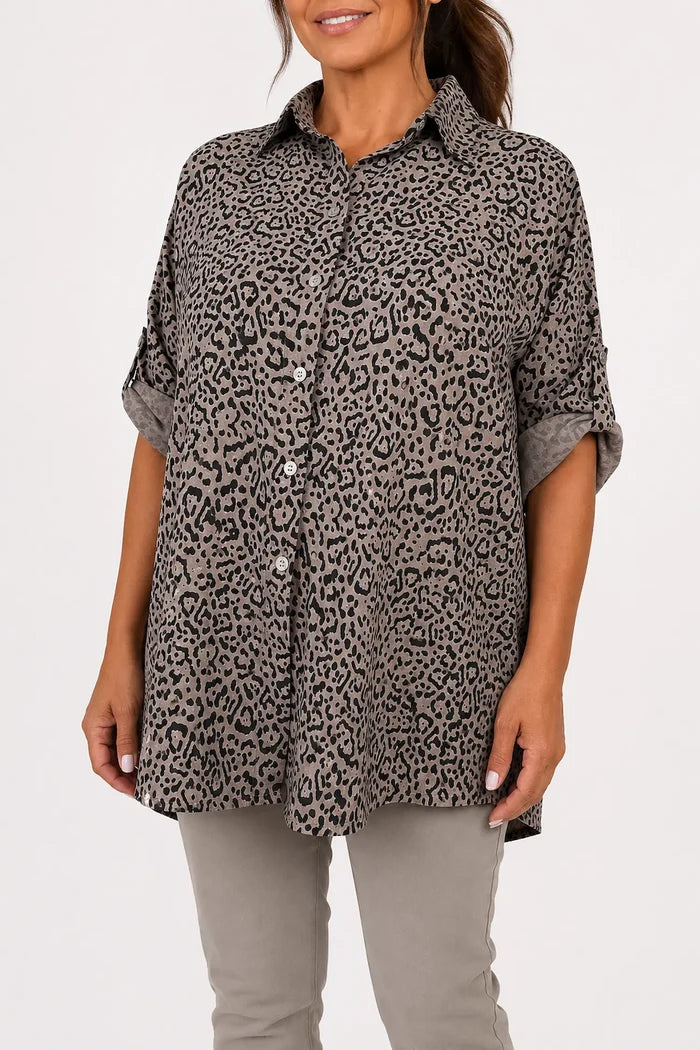 Premium Stitch Button Sleeve Leopard Print Valencia Button Shirt - Mocha