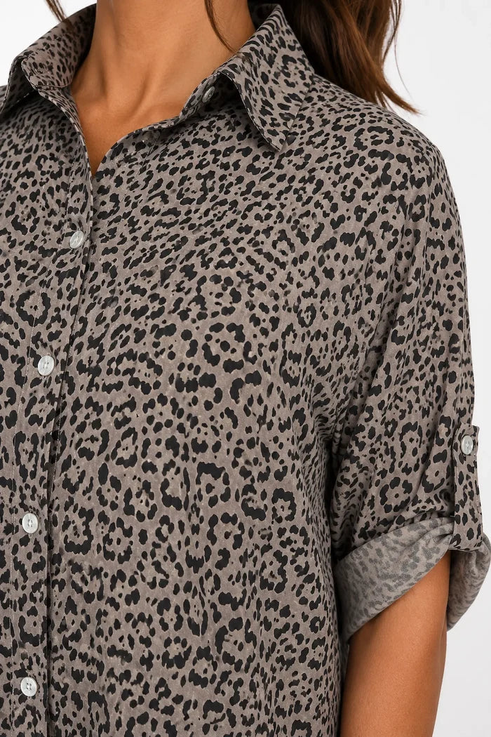 Premium Stitch Button Sleeve Leopard Print Valencia Button Shirt - Mocha