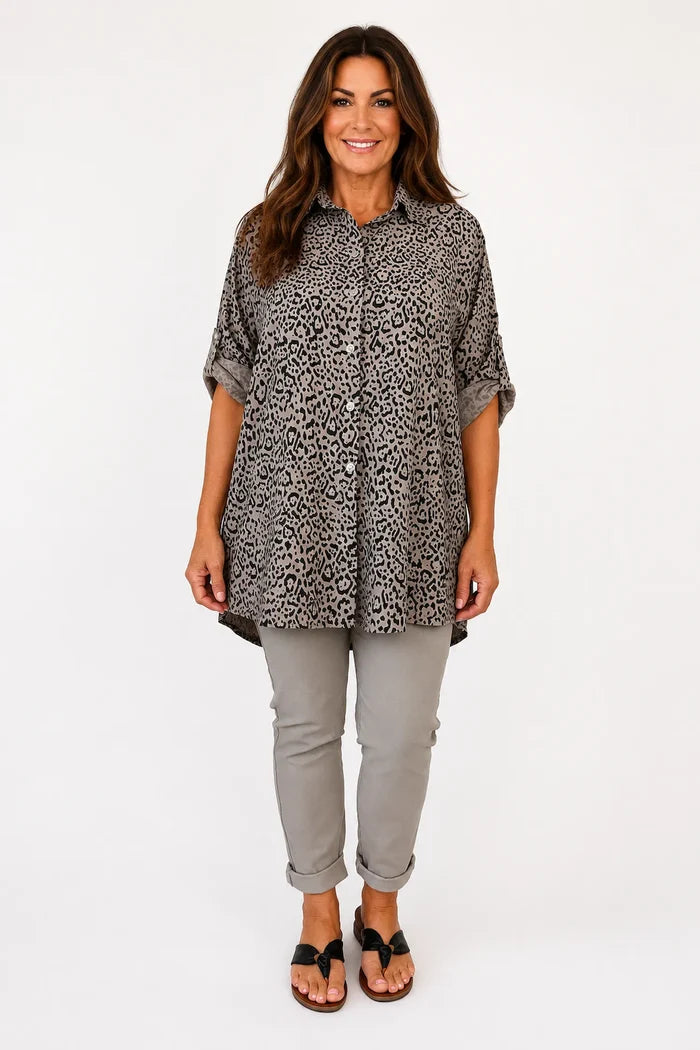 Premium Stitch Button Sleeve Leopard Print Valencia Button Shirt - Mocha