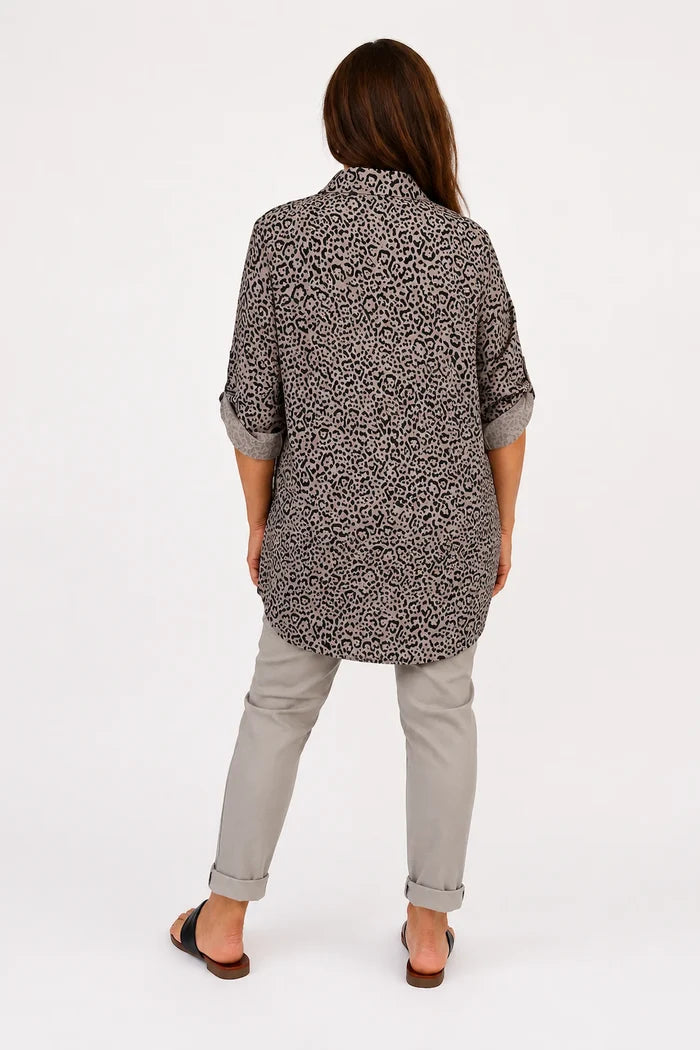 Premium Stitch Button Sleeve Leopard Print Valencia Button Shirt - Mocha