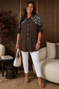 Premium Stitch Diamanté Button Sleeve Michaela Shirt - Chocolate