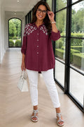Premium Stitch Diamanté Button Sleeve Michaela Shirt - Italia Wine